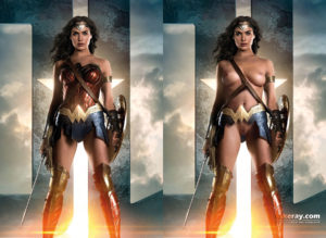 Gal Gadot’s fake nude as Diana Prince in a movie Wonder Woman. On a left side wearing armor, on a right side standing naked, holding sword and shield.