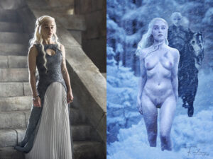 Emilia Clarke as Daenerys Targaryen naked fake walking through snow blizzard with Night King behind her on a horse. On the left side wearing dress.