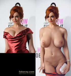 Fake nude of Christina Hendricks standing naked on a red carpet with her red dress removed, holding white purse. Christina Hendricks’ big breasts exposed.