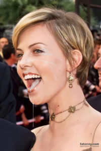 Cumshot fake of Charlize Theron in public wearing gold necklace and earrings, with fake cum on her cheek and in her mouth, dripping down her chin.
