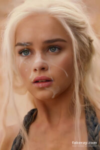 Emilia Clarke as Daenerys Targaryen in a cum shot fake. Lips slightly parted, fake cum over her nose, cheek and chin, flowing down her face.