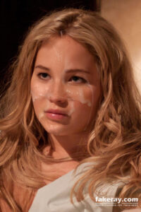 Jennifer Lawrence in bed with messy hair after and fake cumshot over her face. A bedroom scene from X-Men: First Class movie.
