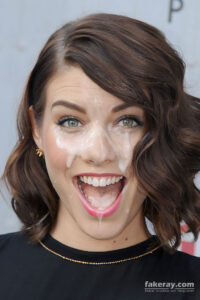 Lauren Cohan face close up smiling with open mouth, full of cum and dripping off her lip. More thick, fake cum over her face.
