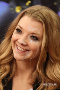 Cumshot fake of actress Natalie Dormer smiling while cum dripping off her face and maskara smeared. A star from Game of Thrones HBO series. 