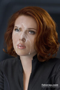 Scarlett Johansson as Black Widow, a facial fake with face covered with cum.