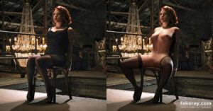 Scarlett Johansson fake nude as Natasha Romanoff in Black Widow interrogation scene, tied naked on a chair with legs spread, opening her pussy.