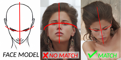 Camera angle match to make a good face swap fake. Example of face looking down on nude model’s picture that matches pose of the head on face picture.