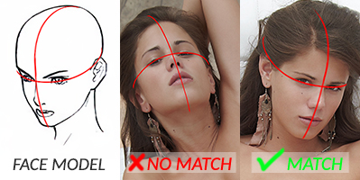 Matching head pose for face swap fake. An example of correct head pose facing down and to side on naked image that matches pose of face image.