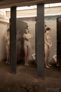 Three girls standing naked in public restroom cubicles, ashamed and waiting to be used by strangers in public toilet.