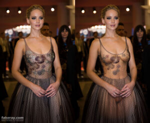 Fakeray of glamorous Jennifer Lawrence in see through dress standing in public with arms in front, showing tits and pussy under transparent dress.