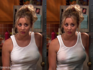 Kaley Cuoco as Penny in Big Bang Theory wearing white see-through white shirt xrayed to be transparent, showing her nipples and breasts.