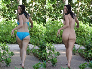 Jennifer Lawrence running naked in the forest showing her ass and looking over shoulder. A faked nude from behind with blue bikini on and bikini off. 