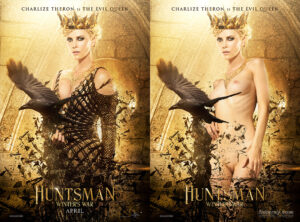Charlize Theron fake nude as the evil queen in The Huntsman Winter’s War movie, wearing the crown and with the raven flying in front of her, with gold background.