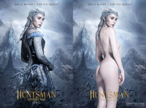 Emily Blunt fake nude as the ice queen in The Huntsman Winter’s War movie, looking over her shoulder, with icy mountain tops and a castle in the background.