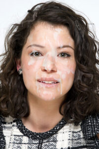 Fake bukkake over Tatiana Maslany face. Fake cum over woman's eye, forehead, nose and cheek. Many strings of cum running down her face and hair.