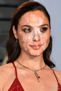 Actress Gal Gadot covered with fake cum and smeared make-up. Layer of thick cum dripping over her nose and cheek, dripping down on her chest.