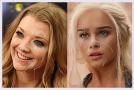 Two woman's faces covered with cum representing cumshot fakes