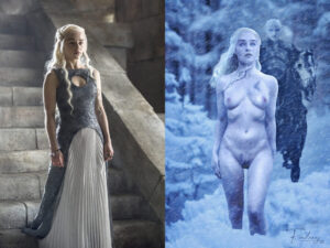 Daenerys Targaryen standing in long dress on left side and walking naked through snow blizzard on right