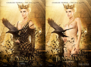 Charlize Theron as a queen in her clothes and with clothes removed
