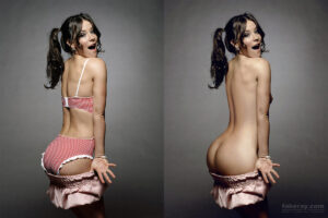 Lilly Evangeline in underwear pulling shorts down on right side and naked on left side