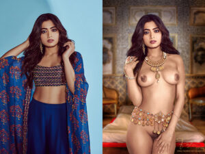 Rashmika Mandanna wearing blue dress and standing naked in the bedroom and wearing jewelry