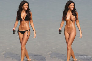 Before and after shots of woman walking on a beach with and without bikini