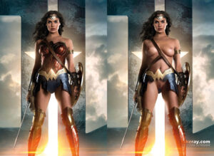 Fake nude of Wonder Woman showing tits and pussy compared with fully clothed version
