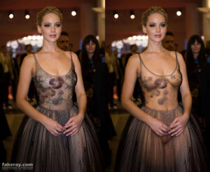 Jennifer Lawrence on red carpet wearing x-rayed black gown