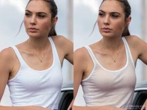 Gal Gadot wearing thin white tank top, wearing no bra, skin and nipples visible under the clothes.