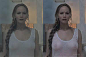 Jennifer Lawrence in movie Mother, wearing white shirt that is barely hiding her naked breasts.