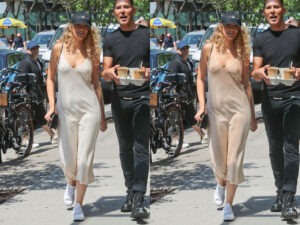 Lively walking on public street in her dress that is showing everything underneath.