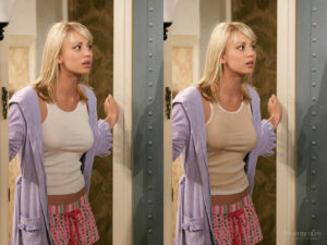 Penny standing on door frame in her robes and xrayed shirt exposing tits and nipples.