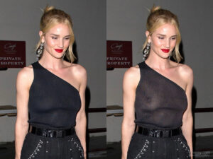 Rosie Huntington wearing black see-through shirt with nipples poking, wearing no bra.