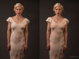Woman standing in transparent dress that is showing her breasts and white panties.
