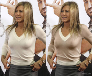 Jennifer Aniston in transparent white vest wearing no bra and showing firm breasts and big nipples.