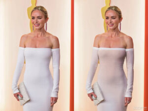 Xray nude of tight white dress worn by Emily Blunt tightly around her body, her tits pushing through.
